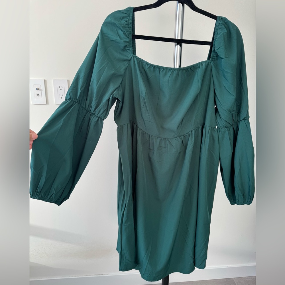 Emerald Green Square Neck, Long Puff Sleeve, A Line Mini Dress